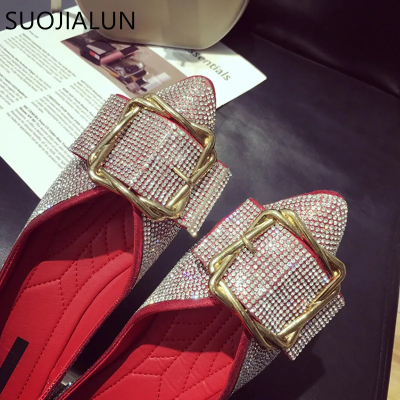 Cristal Chaussures Bout Mode rouge Suojialun Pointu Glissement Noir Sur Marque 2018 argent Ballet Dames Femmes Plat Appartements Casual De PCtCgHwxq