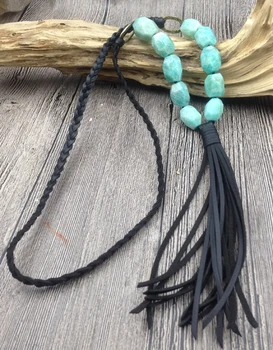 

YA2331 Amazonite Faceted Chunky Beads Leather Tassel Handmade Necklace 30inch