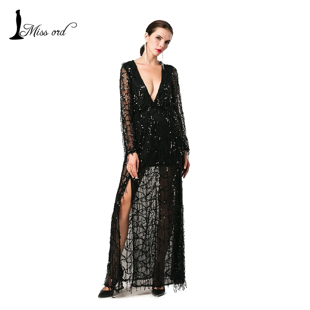  Free Shipping 2016 Sexy ankle-length long sleeve deep V  two split sequin maxi dress FT2901 