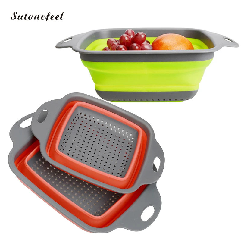 2PCS Silicone Collapsible Colander Foldable Strainer Basket Food Grade Fruit Vegetable Strainer