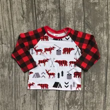 Рождественская Одежда для маленьких мальчиков; сезон осень-зима; Изысканные хлопковые футболки; комплекты с регланами; белая детская одежда в клетку с оленем