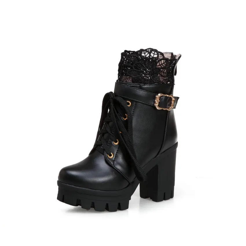 QUTAA/ г. Зимние ботильоны на платформе со шнуровкой из искусственной кожи на молнии модная женская обувь на высоком квадратном каблуке с пряжкой большие размеры 34-43 - Цвет: Черный