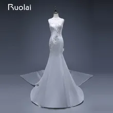 Real Photo 2017 Robe de Mariage Scoop Mermaid Wedding Dresses with Crystal Beaded Removable Train Satin Bridal Gown Long FW107