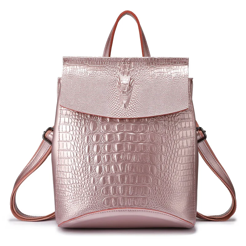 

REALER backpack women split leather school bags for teenage girls travel back pack ladies shoulder bag crocodile prints pink Bag