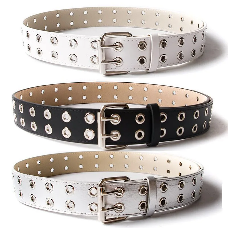

Punk Style Solid Color Belt Unisex Hollow Out Double Small Holes Belts Men/Women Faux Leather Pants Waist Band Adjustable