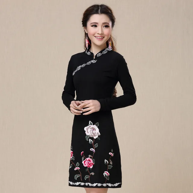 Китайский новый стиль стенд воротник с длинными рукавами хлопок тонкий пион вышивка cheongsam dress женщины осень новый черный dress