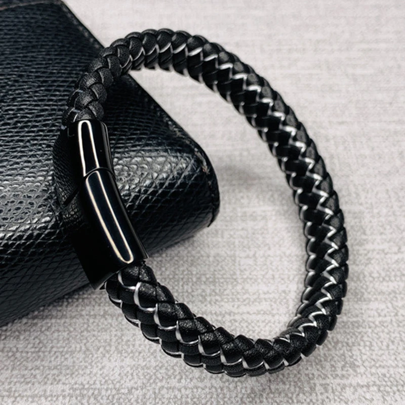 

New Fashion Male Jewelry Braided Leather Bracelet Handmade Bracelet Magnetic Clasps Wrist Band Men Gifts pulsera hombre BB0001