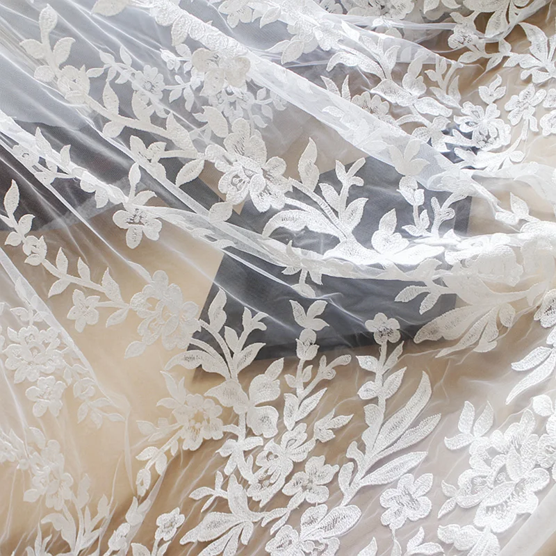 

1Yard Ivory White Embroidery Lace Fabrics Handmade Bride Wedding DIY Sequined Laces Fabric For Clothing Accessories