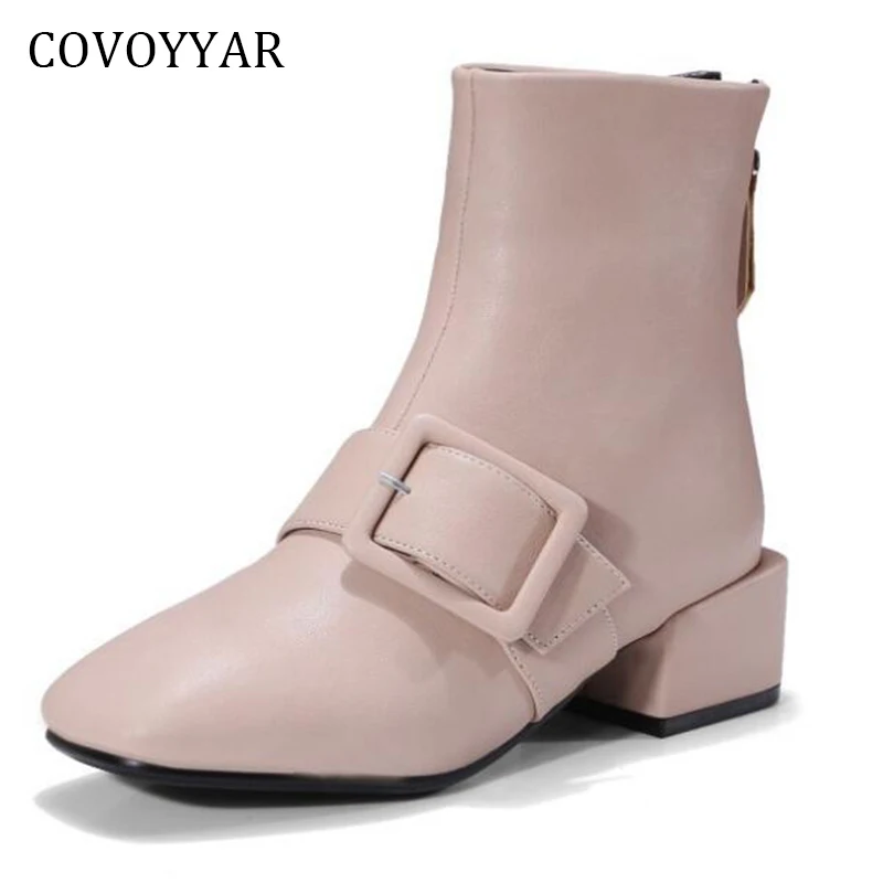 

COVOYYAR 2019 Buckle Decor Martin Boots Women Ankle Boots Autumn Winter Back Zip Thick Heel Women Booties Shoes WBS404