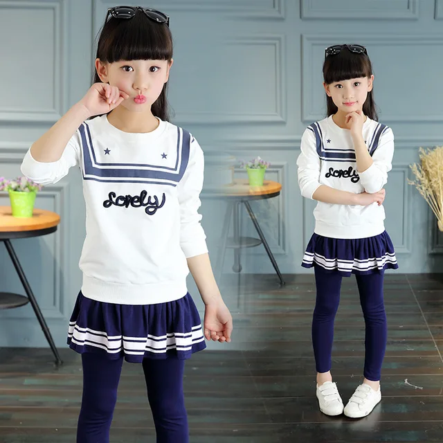 Cheap 2016 Hot Sale Autumn  Girls Clothing Set Navy style Long Sleeve tops+pants 2PCS  Skirt Set 4 To 16Years Toddler Girls Dress Set