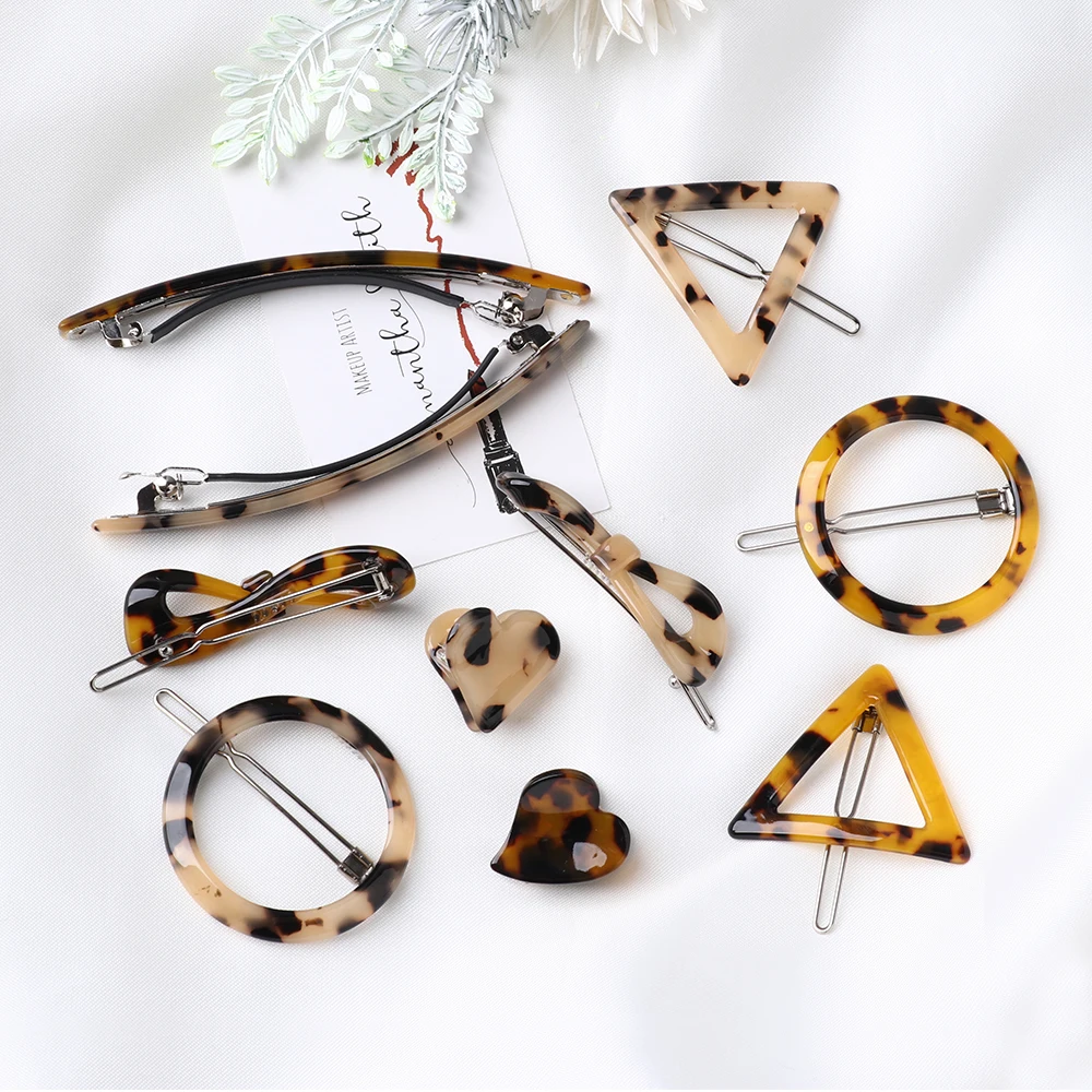 

Japan Vintage Amber Acrylic Leopard Hair Clips Geometric Round Triangle Heart Shape Hairpin Barrettes Women Hair Styling Tool