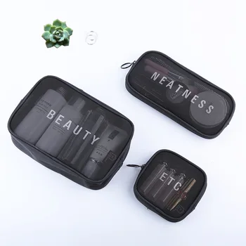 

3 in 1 large/medium/small Nylon mesh Cosmetic bags make up bag organizer sets/wash bag/Storage bag 1 set solid color