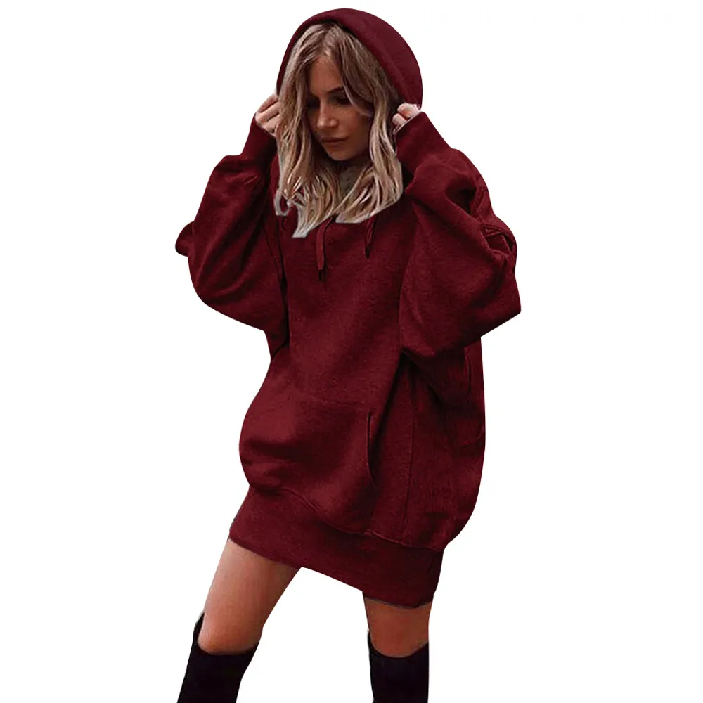 Sweatshirt mini Dress Women Hoodies Ladies Long Sleeve Casual Hooded Pullover Jumper oversized Sweatshirt Casual Clothe sudadera - Цвет: Красный