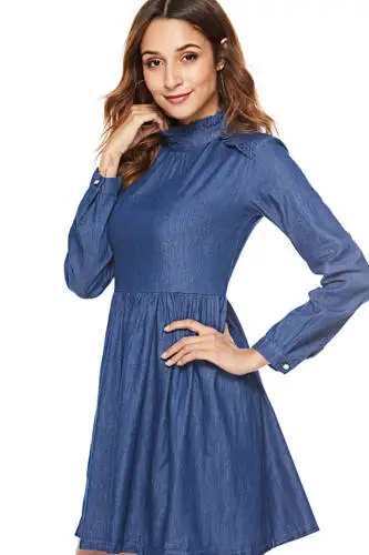 Zqlz Spring Autumn Denim Dress Women Turtleneck Long Sleeve Solid Slim A-line Jeans Dresses Casual Robe Femme Vestidos