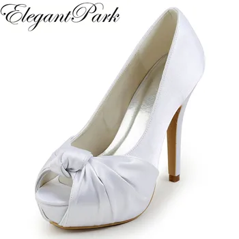 

EP2071-IP Women Shoes High Heel White Ivory Peep Toe Platform Knots Satin Woman Wedding Shoes Lady Bride Prom Party Pumps Silver