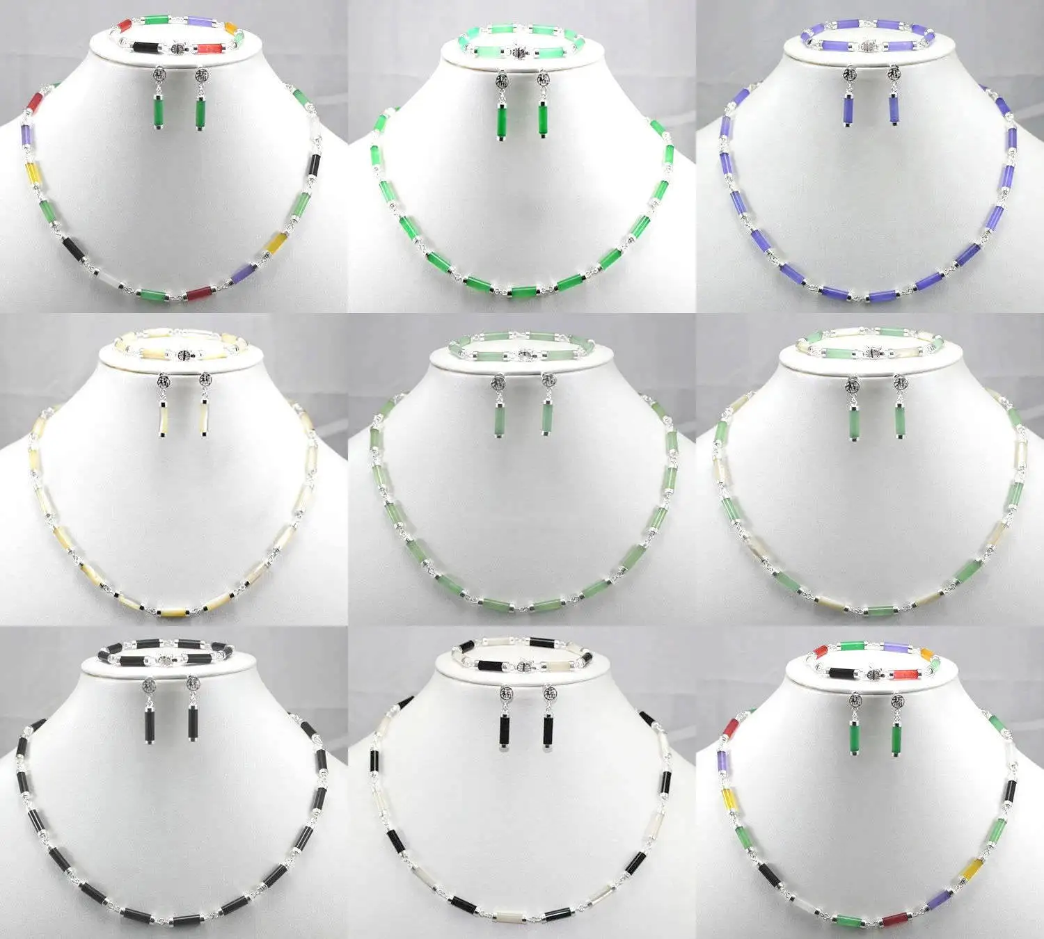 

Natural Jade Agate Sterling Silver Fortune Necklace Earrings Bracelet Set