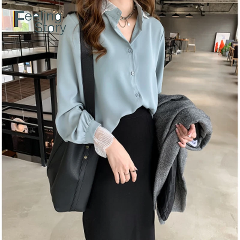 

Plus Size Blouses for Women Chiffon Lace Blouse 2019 The Office Shirt Button Down Long Sleeved Loose Elegant Blusas Femininas
