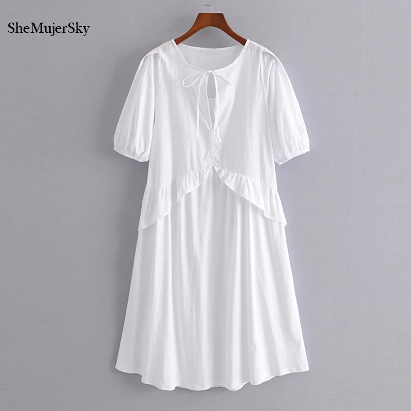 

SheMujerSky Women White Cotton Spliced Knitted Dress Summer Half Sleeve Ruffle Midi Dress A-line Dresses robe ete 2019