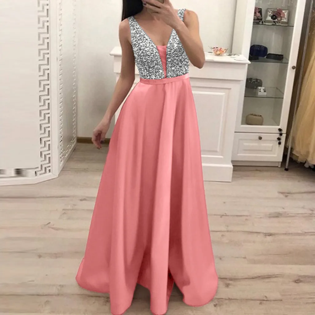 

New Women Fashion Maxi Dress Sequin Dresses Sleeveless V-neck Long Evening Party Dress Vestidos De Fiesta De Noche