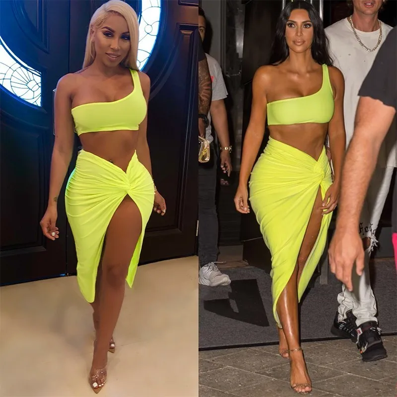 

COSYGAL Sexy Women Two Piece Set 2018 Stretchy One Shoulder Crop Top And Skirt Set Green High Slit Party Casual 2 Piece Set