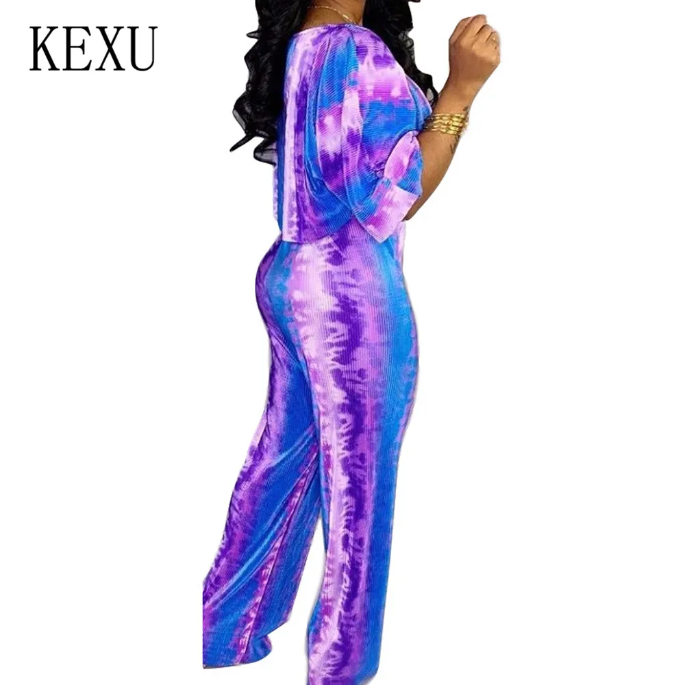 KEXU Retro Tie Dyed 2 Pieces Sets Half Sleeve O Neck Top and Loose Pants Elegant Women Casual Playsuits Femme Summer Mono Mujer KEXU Retro Tie Dyed 2 Pieces Sets Half Sleeve O Neck Top and Loose Pants Elegant Women Casual Playsuits Femme Summer Mono Mujer
