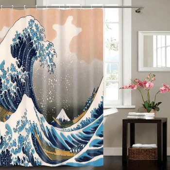 

Polyester Fabric Bathroom Big Wave Off Waterproof Shower Curtain 3D Digital Printing Shower Curtain with Hooks 180*180cm