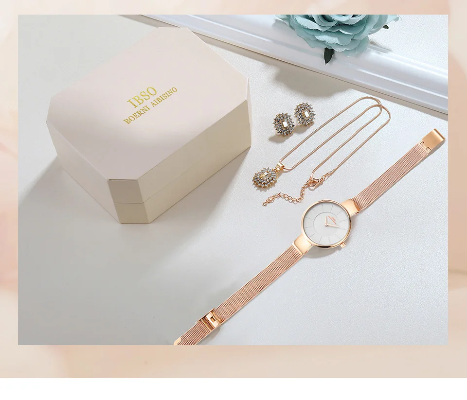 IBSO бренд женские кварцевые часы набор кристалл дизайн набор женский комплект украшений модные креативные кварцевые часы серьги ожерелье набор