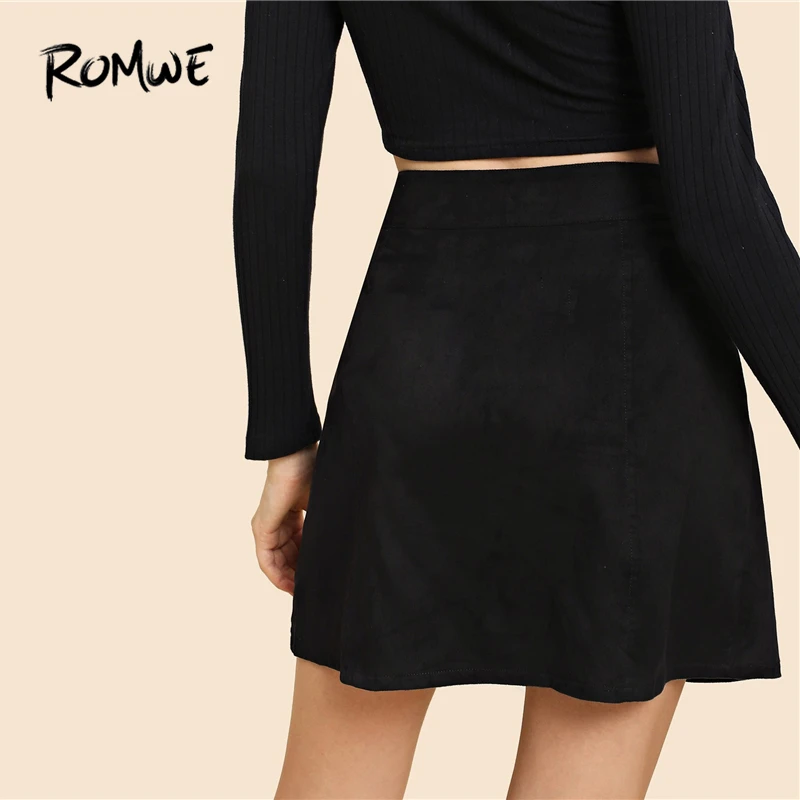 ROMWE, однобортная Женская замшевая юбка,, модная, весна-осень, средняя талия, для девушек, трапециевидная, черная, выше колена, Женская пикантная юбка