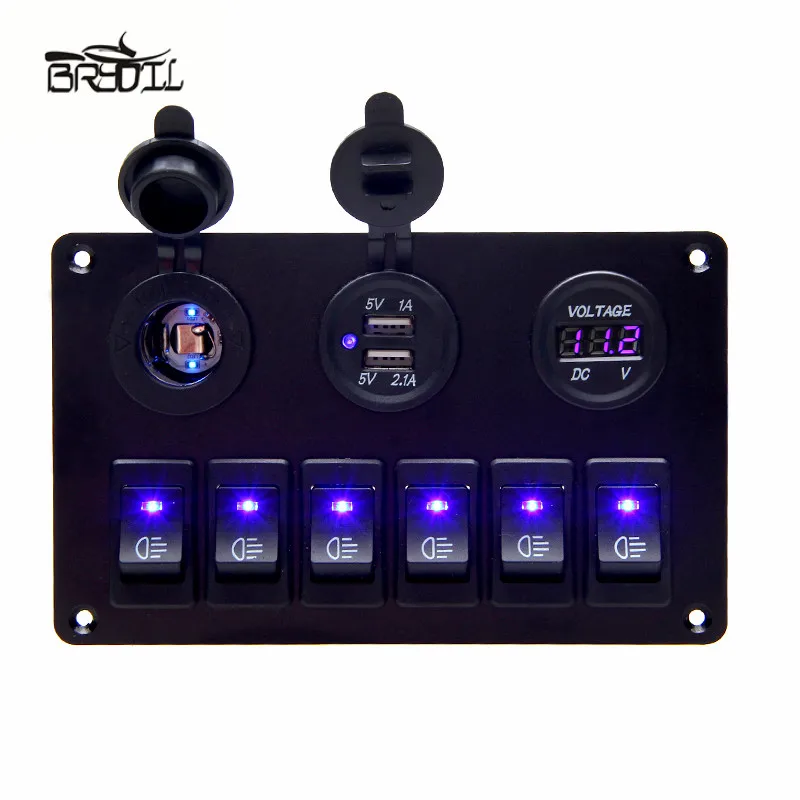 USB Charging 12V 24V 6 Gang Toggle Rocker Switch Panel 2 USB Waterproof