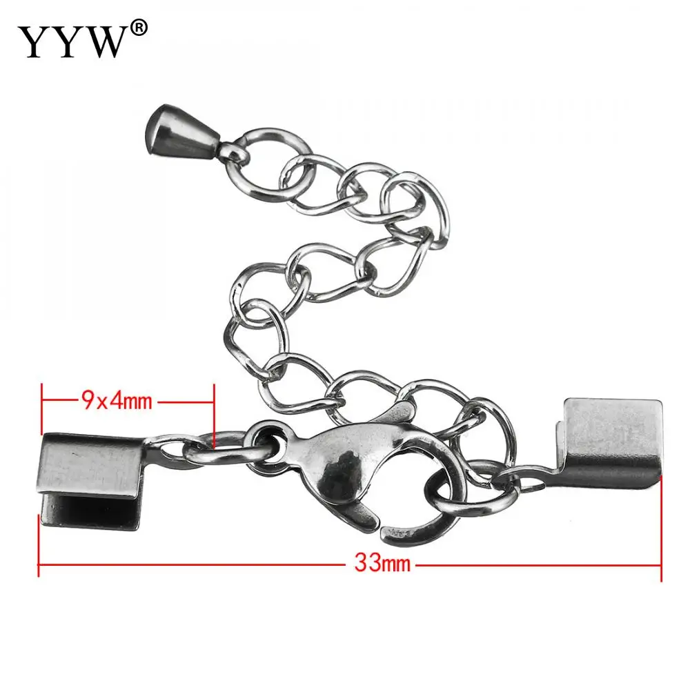 80pcs Stainless Steel Lobster Claw Cord Clasp With 9x4x4mm Crimp Ends