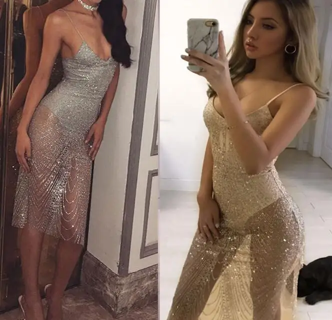 

Sexy Bright Diamond Sequins Perspective Nightclub Dress 2018 Newest Summer Female Spaghetti Strap V-neck Slim Dress