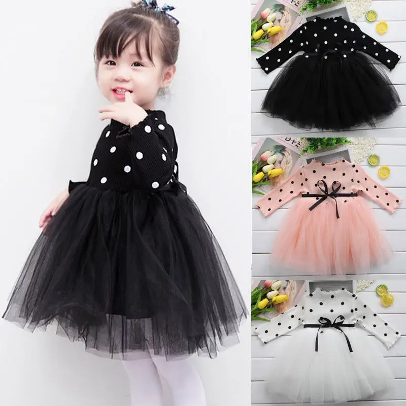 

2017 New Brand Newborn Toddler Infant Child Kids Baby Girls Long Sleeve Knitting Dress Dot Lace Tutu Tulle Dress Princess Girl