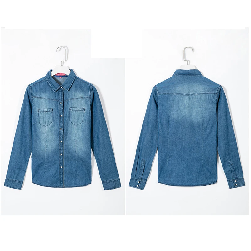 Модная Повседневная джинсовая рубашка с длинным рукавом для женщин, Хлопковая женская рубашка на кнопках размера плюс, синяя джинсовая рубашка Camisa XZ118