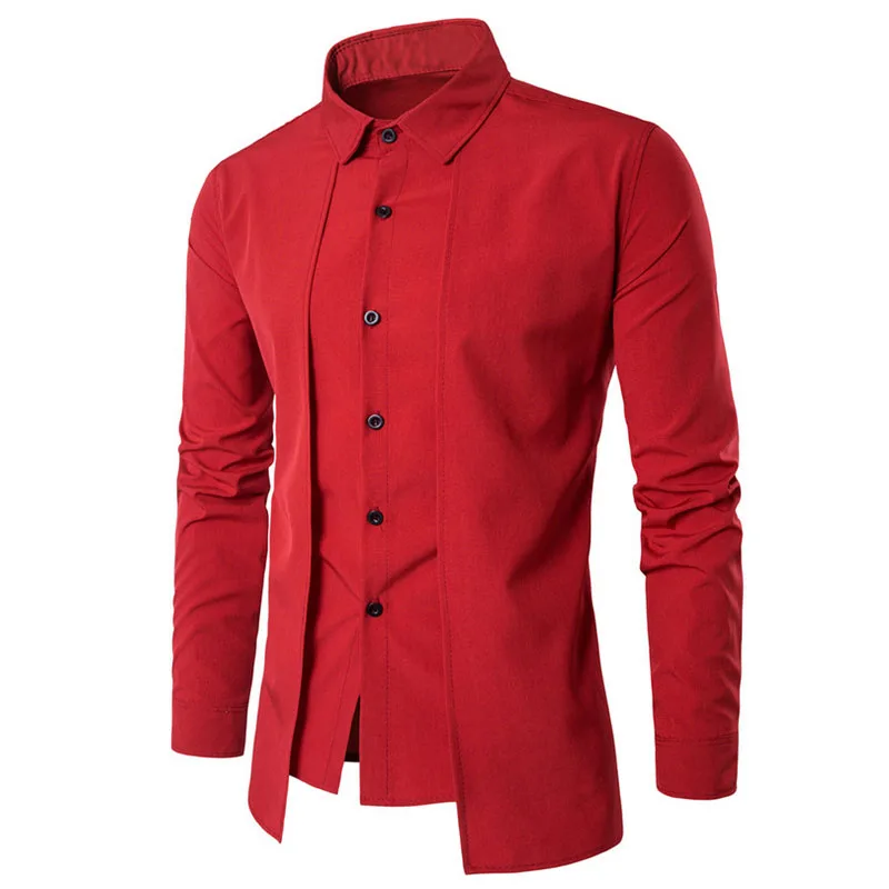 Genuo Весна Camisa Masculina тонкие модные мужские рубашки с длинным рукавом свадебные повседневные однотонные мужские облегающие рубашки размера плюс - Цвет: Красный