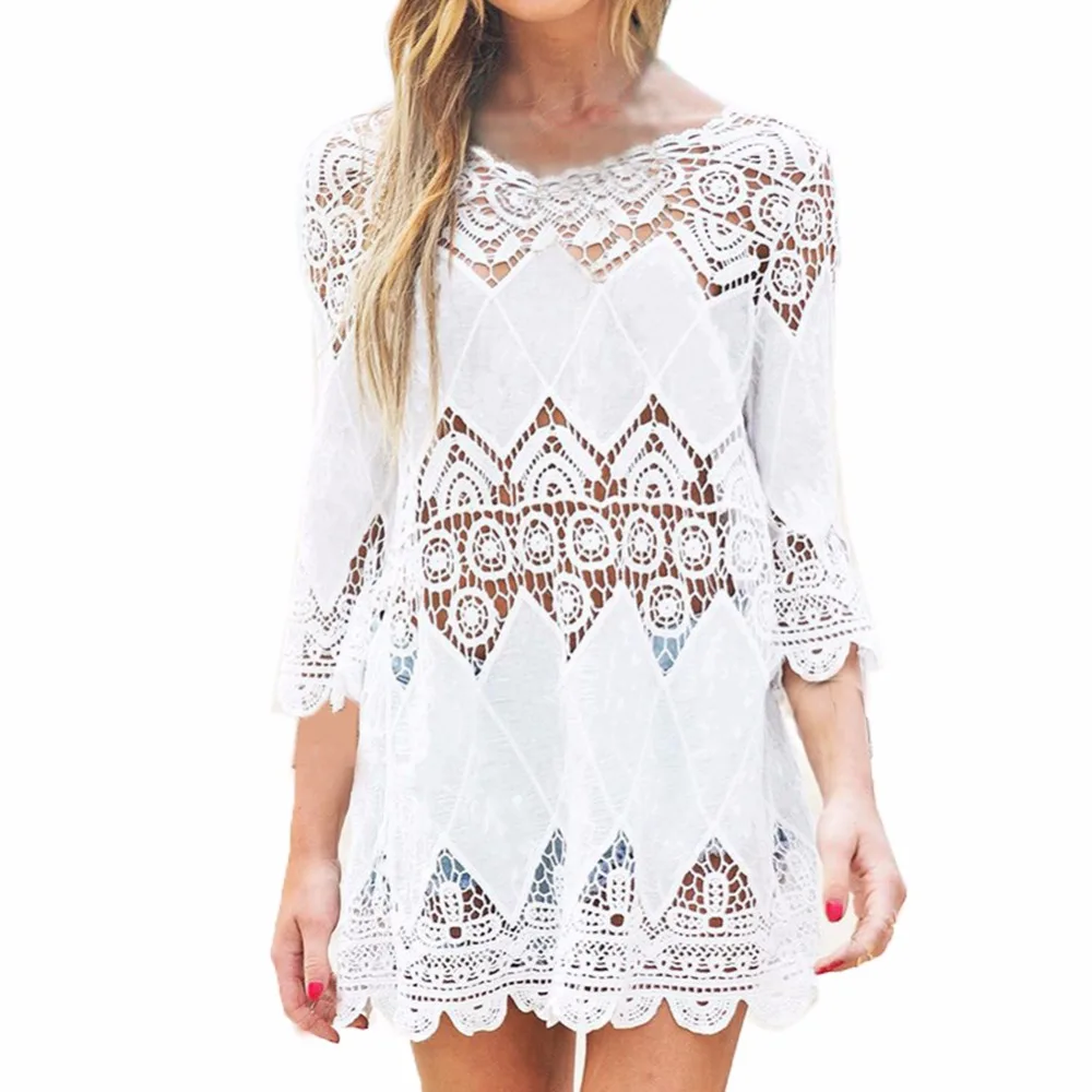 Для женщин пляжное мини-платье белое платье элегантные летние с коротким рукавом Кружевное с цветочными мотивами выдалбливают сплошной пляжное платье