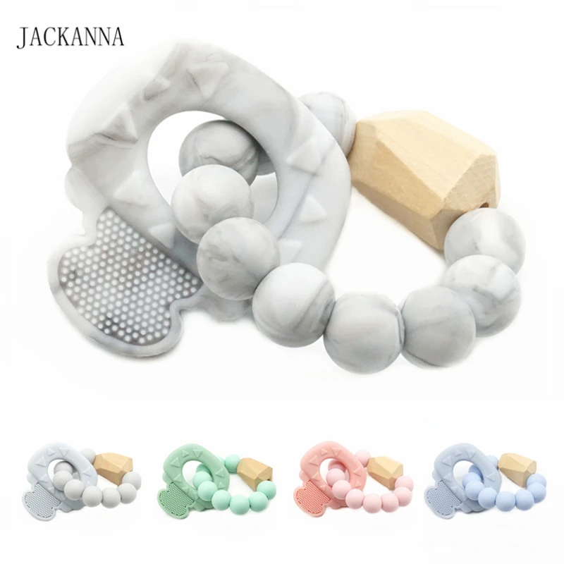 

Infant Key Teether Rings Silicone & Wood Rattle Toy Teething Bracelets Silicone Beaded Baby Bijtring Toys Shower Gift BPA FREE
