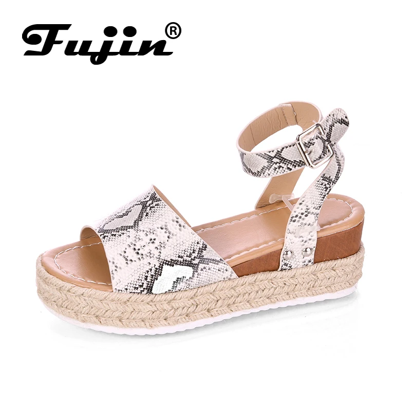 

Fujin Pop Summer New Fish Mouth Shoes Dropshipping Women Bottom Large Code Leopard Pattern Linen Buckle Thick Bottom Sandals