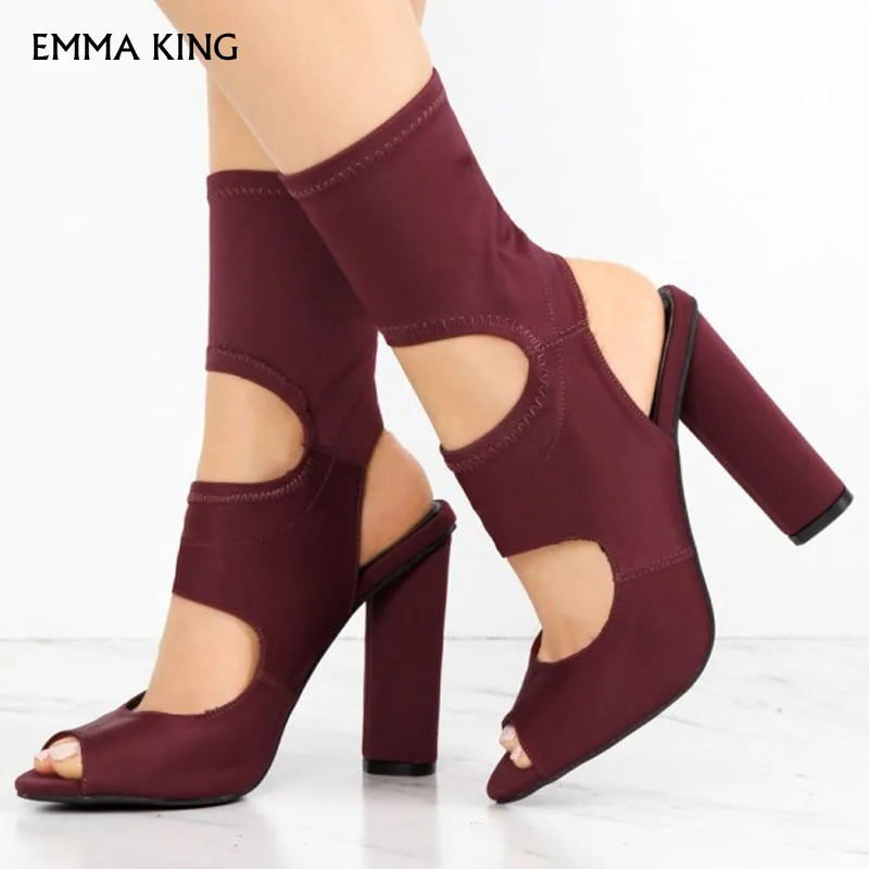 

EMMA KING Black/Maroon Women's Summer Boots Peep Toe Chunky Slingback Heels Boots Fashion Botas Mujer Party Shoes Woman 35#-43#