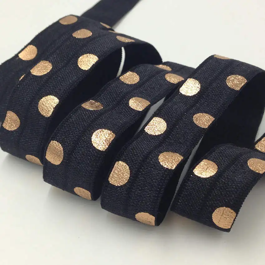 

10 Yards 5/8" Rose Gold Foil Polka Dot Print Fold Over Elastic Black FOE Ribbon for Headband DIY Head wear Hair Accessories