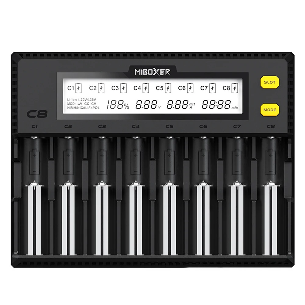 

MiBOXER C8 1.5A 8 Bay LCD Battery Charger for 18650 Li-ion LiFePO4 Ni-MH Ni-Cd AA 21700 20700 26650 18350 17670 RCR123 18700