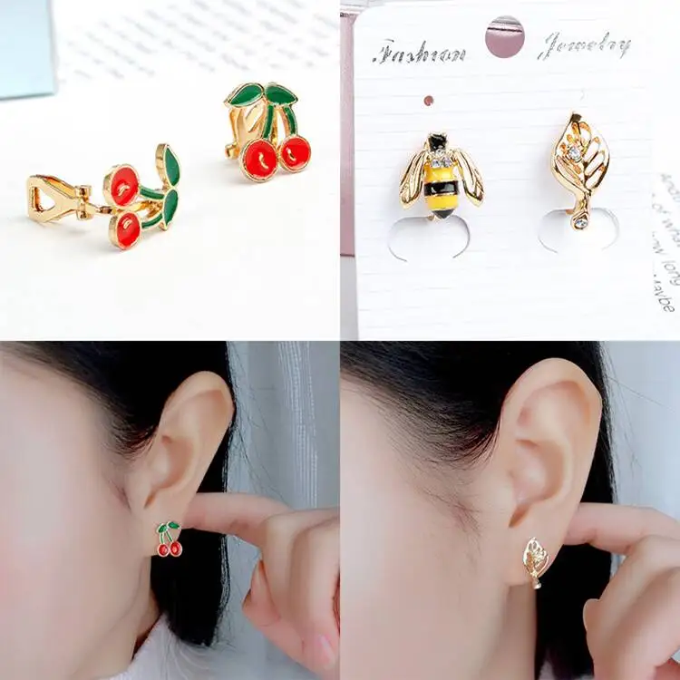 A Set of 2 Pairs Korea Style Animal Insect No Hole Earring Simple Charms Clip on Earrings for Children Students Jewelry Gifts 