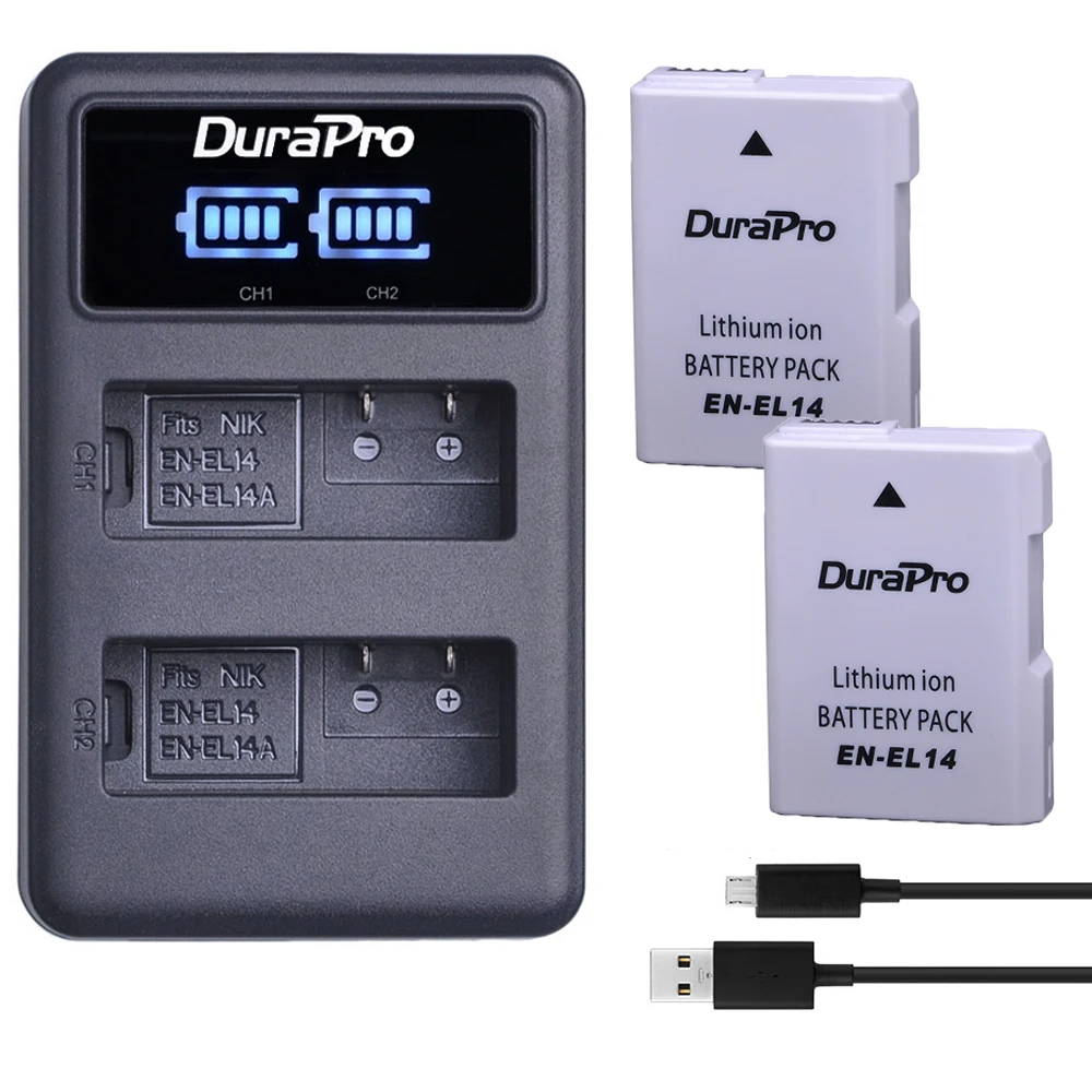 2 batteries Li-ion rechargeables EN-EL14 EN EL14 EL14A, avec double chargeur USB LED, pour Nikon ENEL14 d5300 d5200 d5100 d3100 d3200 P710