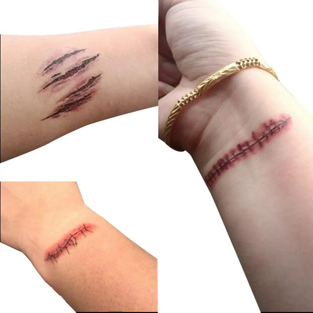 Водонепроницаемый временные татуировки наклейки Хэллоуин террор рана реалистичные кровяные повреждения шрам наклейки с поддельными татуировками вечерние украшения 4
