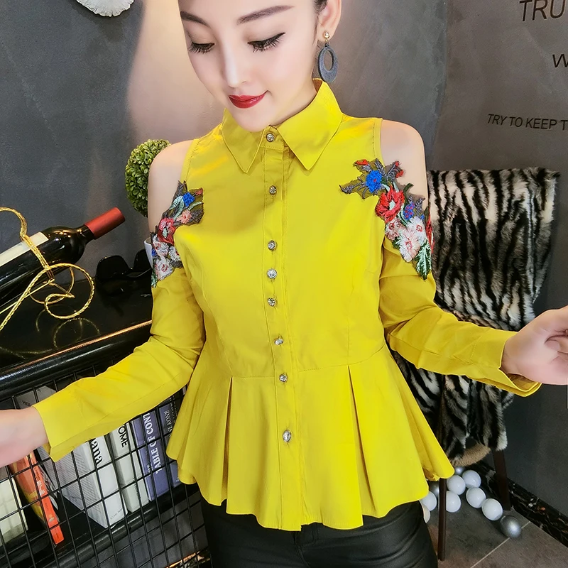 

2019 Sexy Hollow Out Shoulder Long Sleeve Yellow Shirts Women Flower Embroidery Cutout Peplum Shirts Lady Ruffles Peplum Tops
