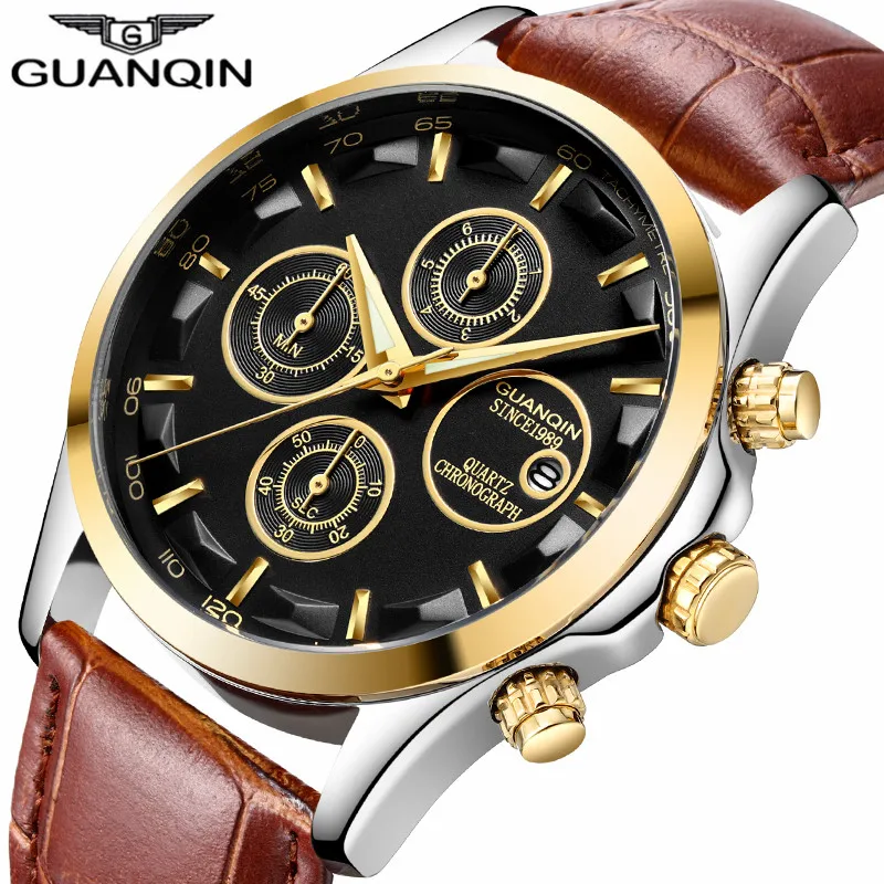 

GUANQIN Chronograph men watch leather sport relogio masculino 4 small dial watch men quartz waterproof luxury Clock Man