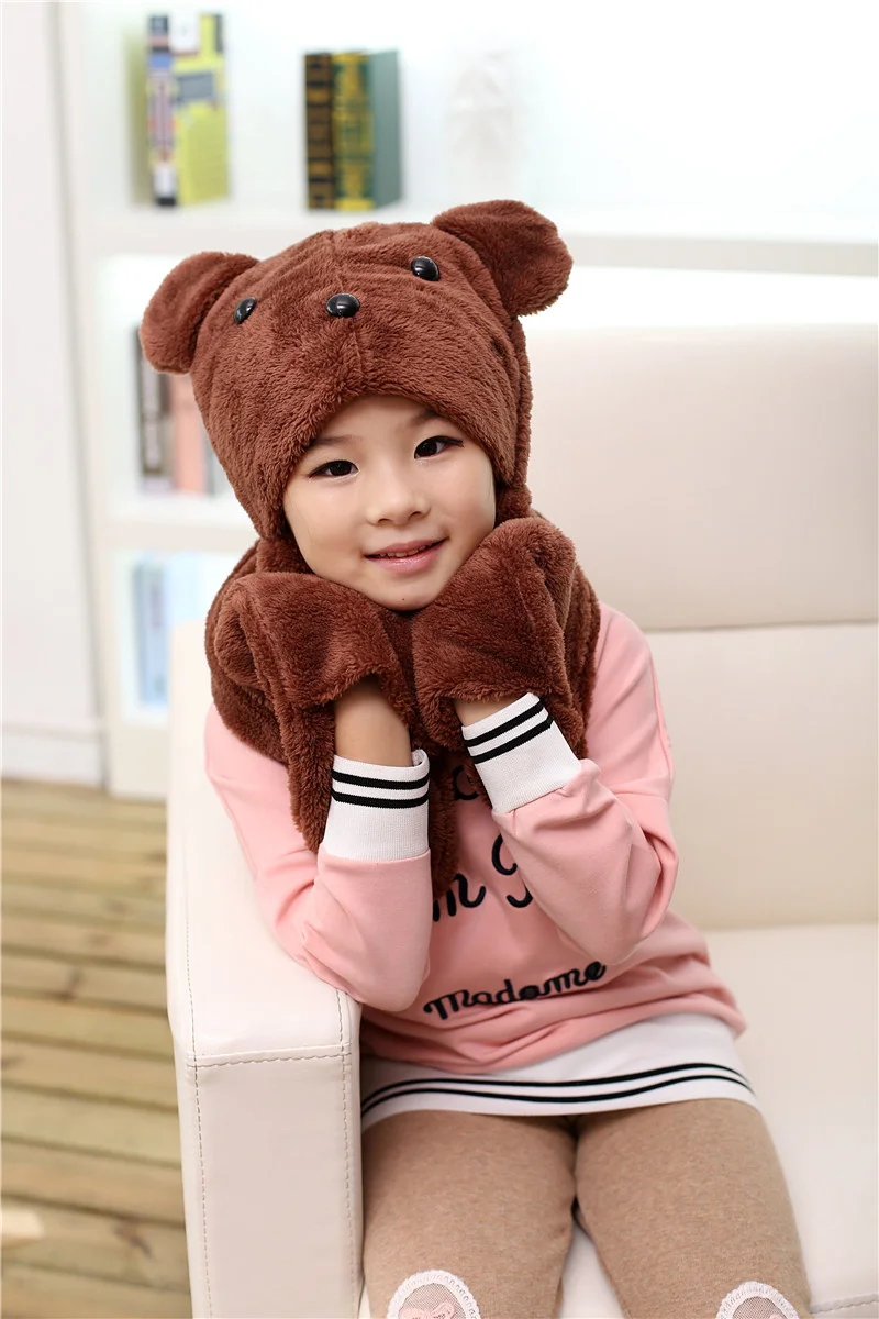 Осенне-зимний теплый милый детский шарф с медвежонком, шапка, перчатки, комплект из трех предметов, зимние шапки, зимний комплект для детей
