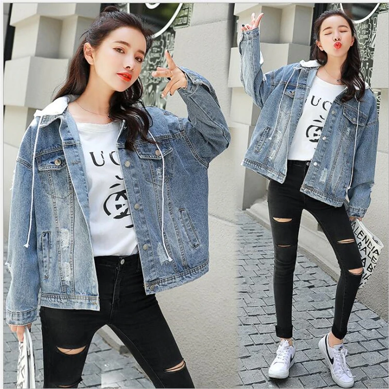 انفصال مقنعين الدنيم سترة النساء إلكتروني التطريز تمزيق حفرة جان معطف الإناث صديقها الدينيم الستر الربيع الخريف G252