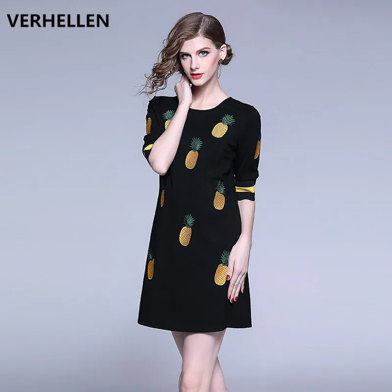 

VERHELLEN High Quality Designer Runway Dress 2019 Summer Women's Half Sleeve Cute Pineapple Embroidery Casual Dresses Vestidos