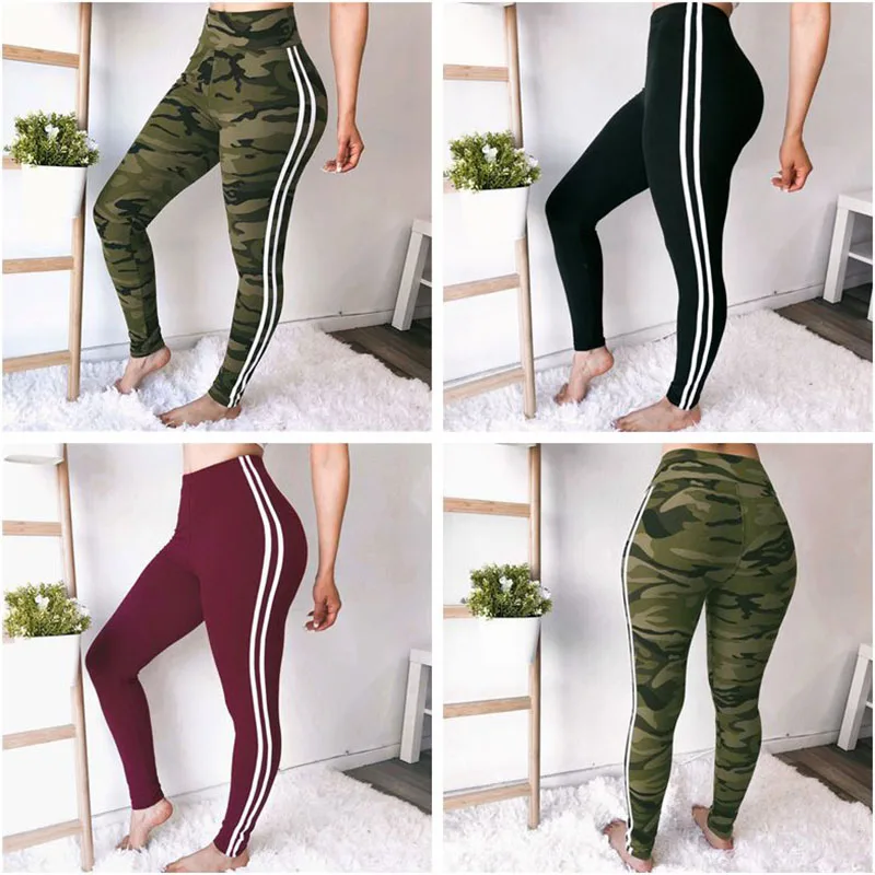 

New Arrival Women Fitness Sport Pants Sexy Camouflage Black Solid color Ribbon Strap Sports Yoga Pants Workout Elastic Leggings