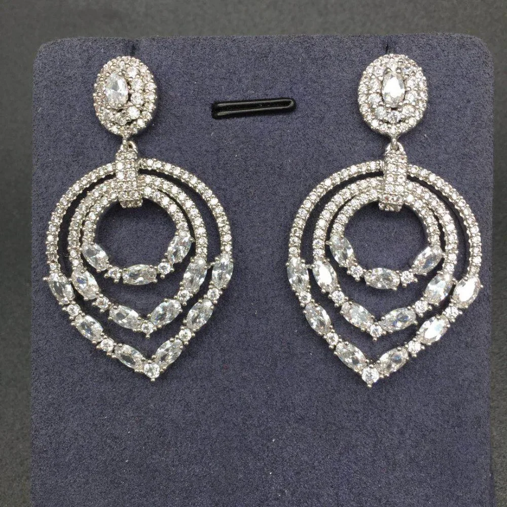

Luxury Unique AAA Cubic Zirconia Geometric Design 3 Circle Pendant Drop Earrings For Women Dress Up Accessories Bridal Brincos